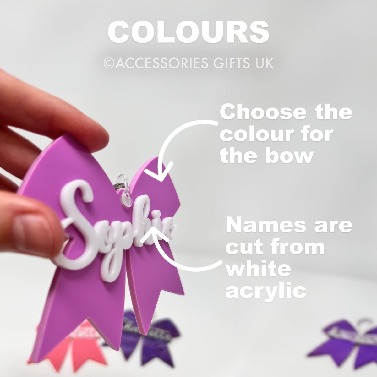 Kids Backpack Name Tags - Custom Girl Name Bow Keychain School Book Bag Accessories Accessories Gifts UK