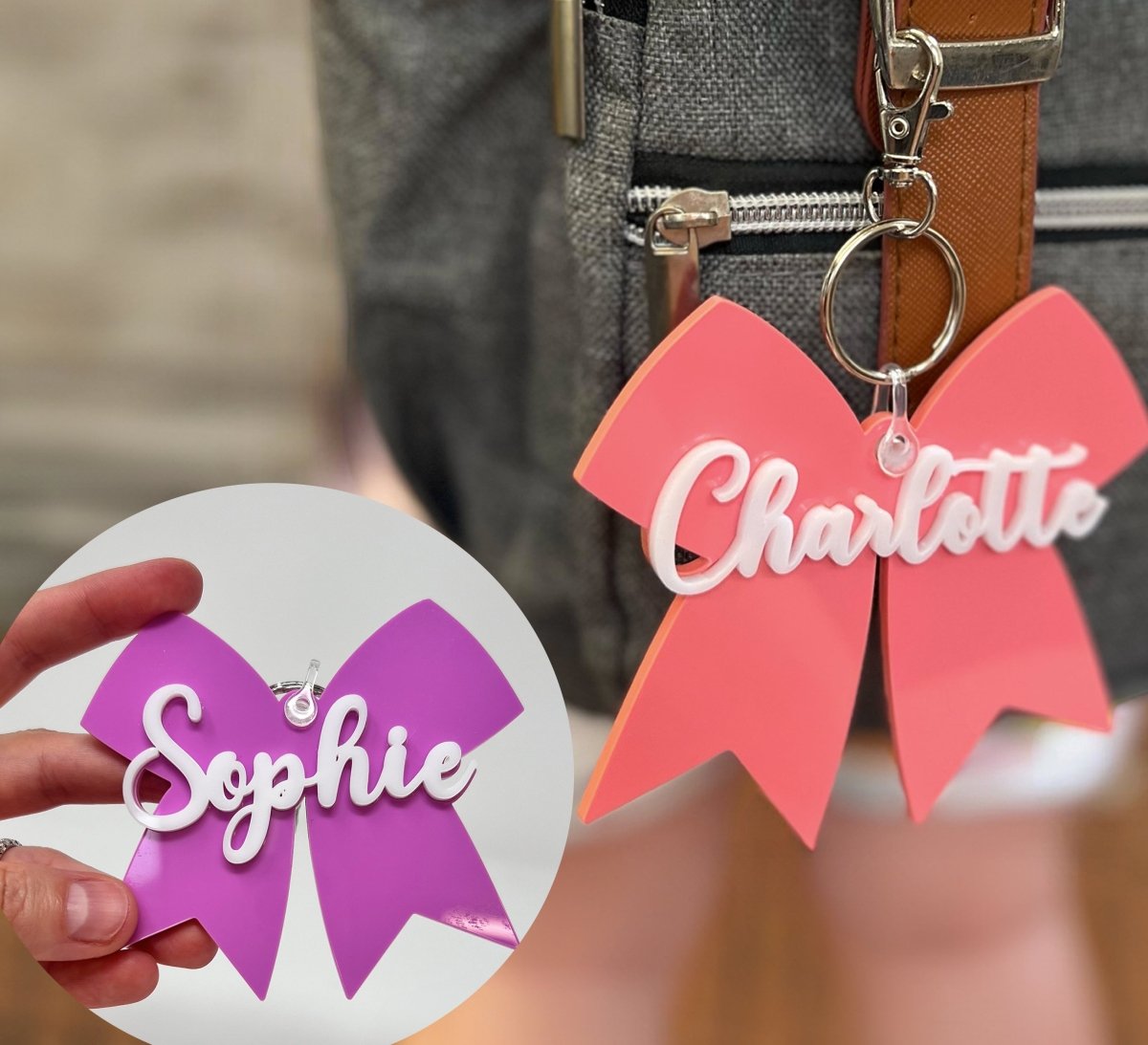 Kids Backpack Name Tags - Custom Girl Name Bow Keychain School Book Bag Accessories Accessories Gifts UK