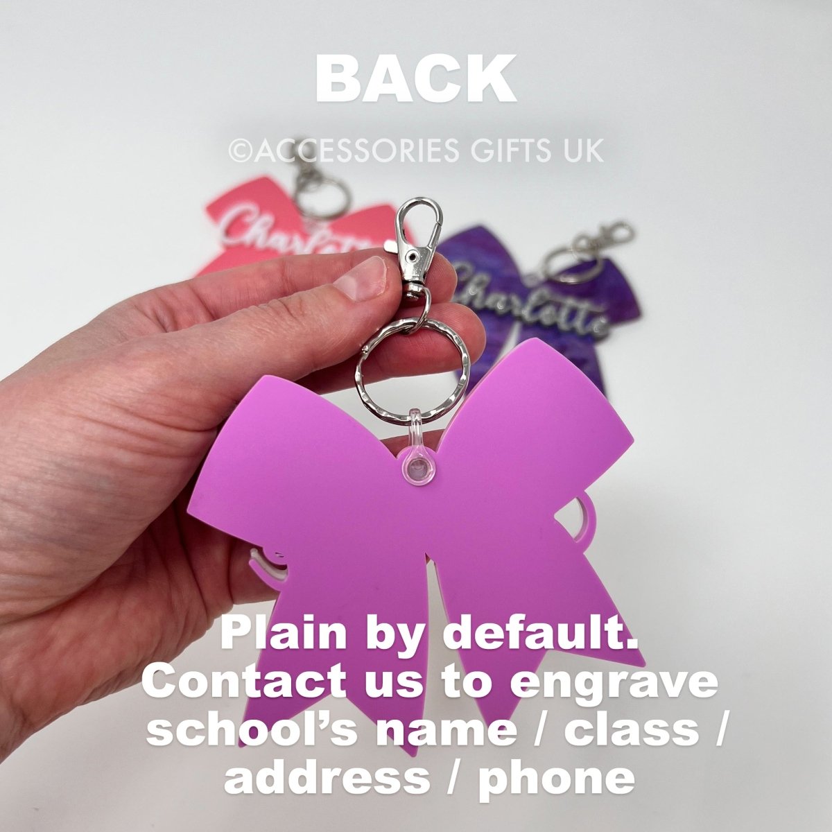 Kids Backpack Name Tags - Custom Girl Name Bow Keychain School Book Bag Accessories Accessories Gifts UK