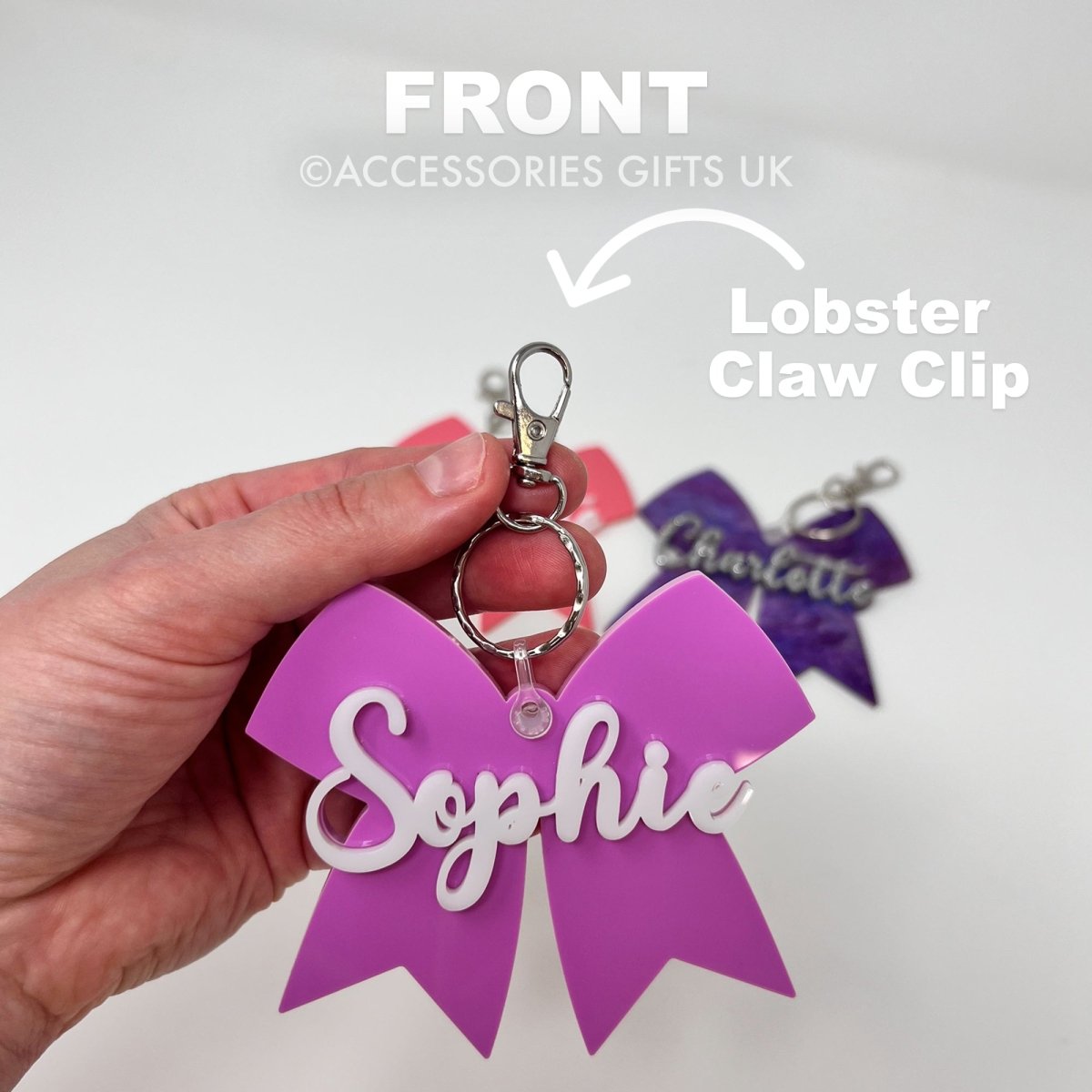 Kids Backpack Name Tags - Custom Girl Name Bow Keychain School Book Bag Accessories Accessories Gifts UK