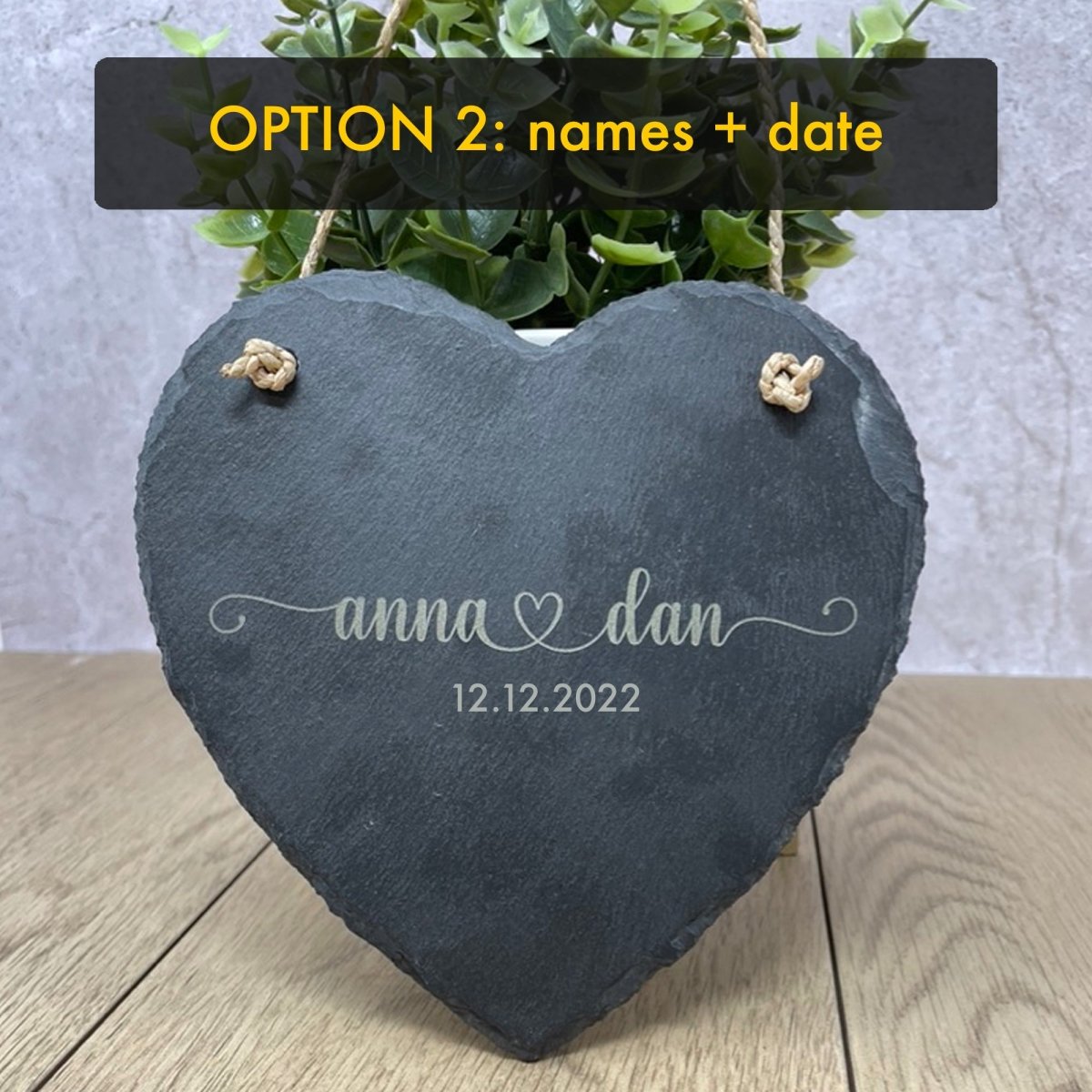 Personalised Slate Plaque Heart Shaped Plaque Engraved Valentines Gift 15x15cm Personalised 2. Names + date Accessories Gifts UK