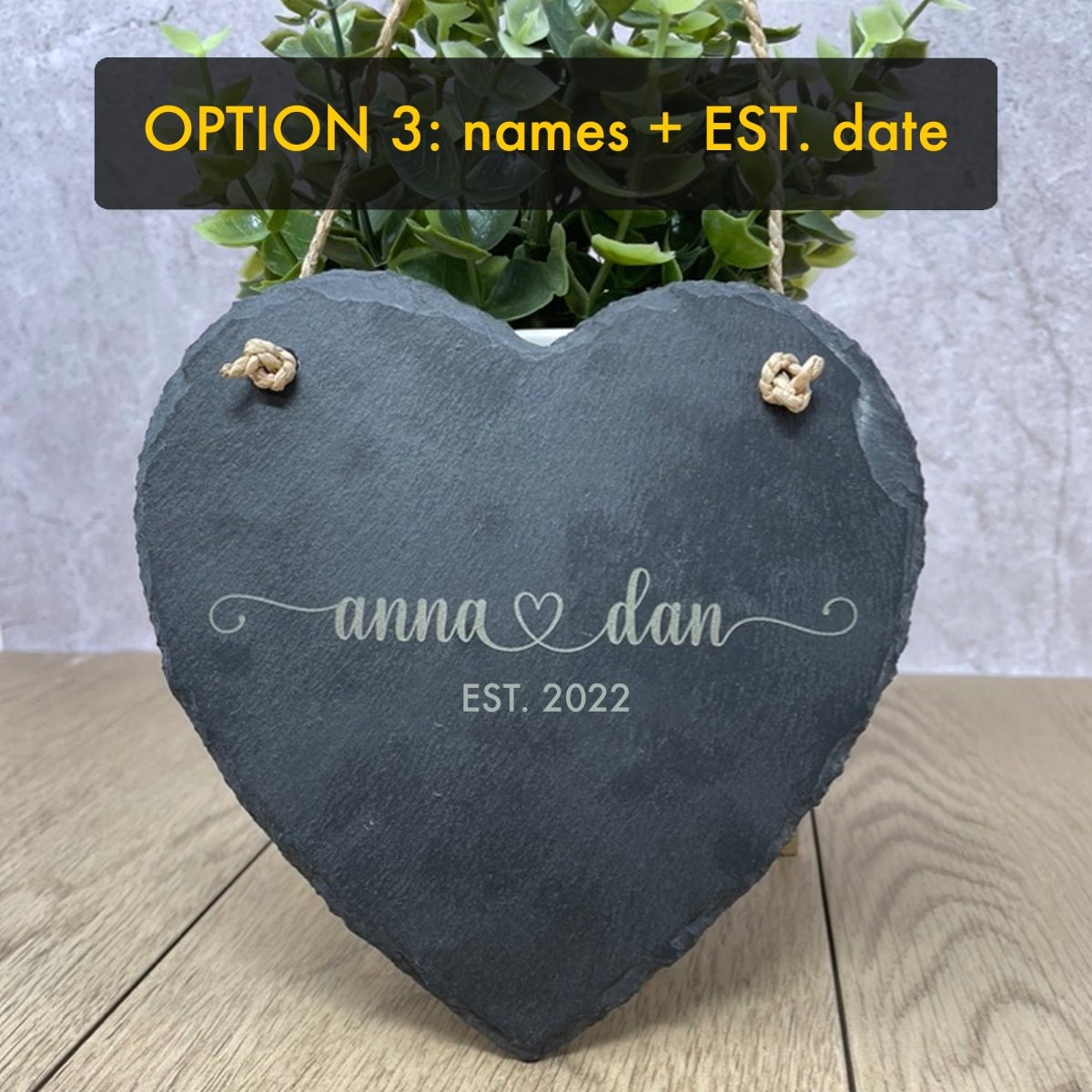 Personalised Slate Plaque Heart Shaped Plaque Engraved Valentines Gift 15x15cm Personalised 3. Names + EST. date Accessories Gifts UK