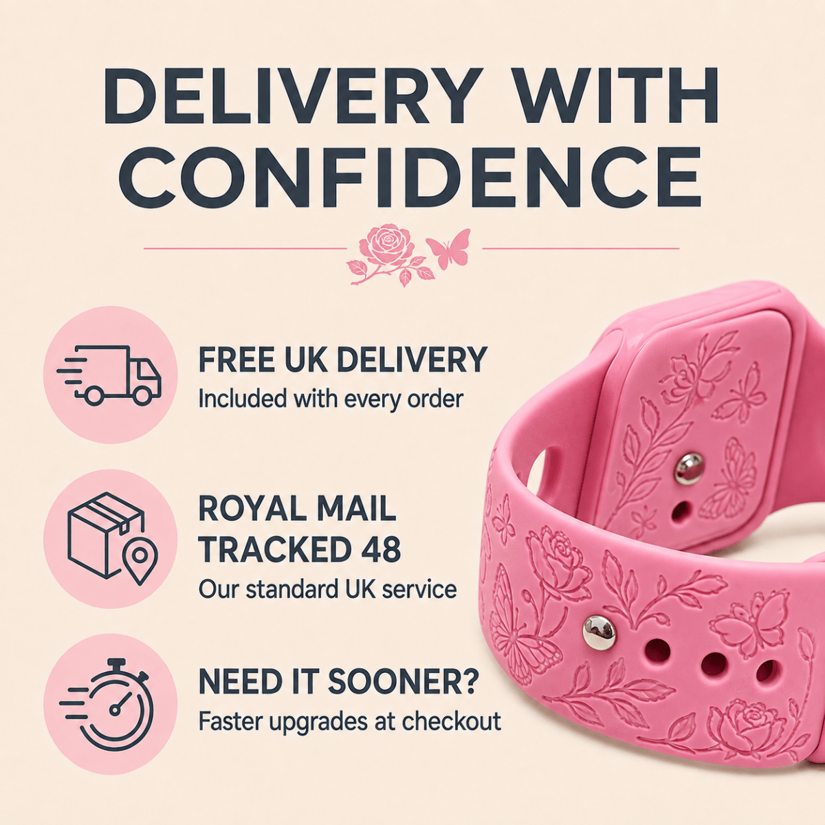 Butterflies and Roses Apple Watch Strap, Engraved Silicone Watch Band - Accessories Gifts UK