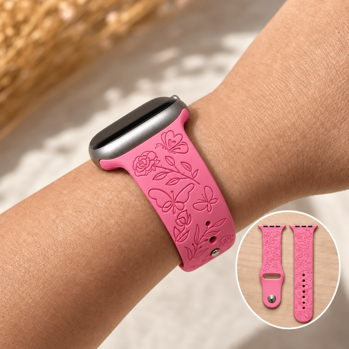 Butterflies and Roses Apple Watch Strap, Engraved Silicone Watch Band - Accessories Gifts UK
