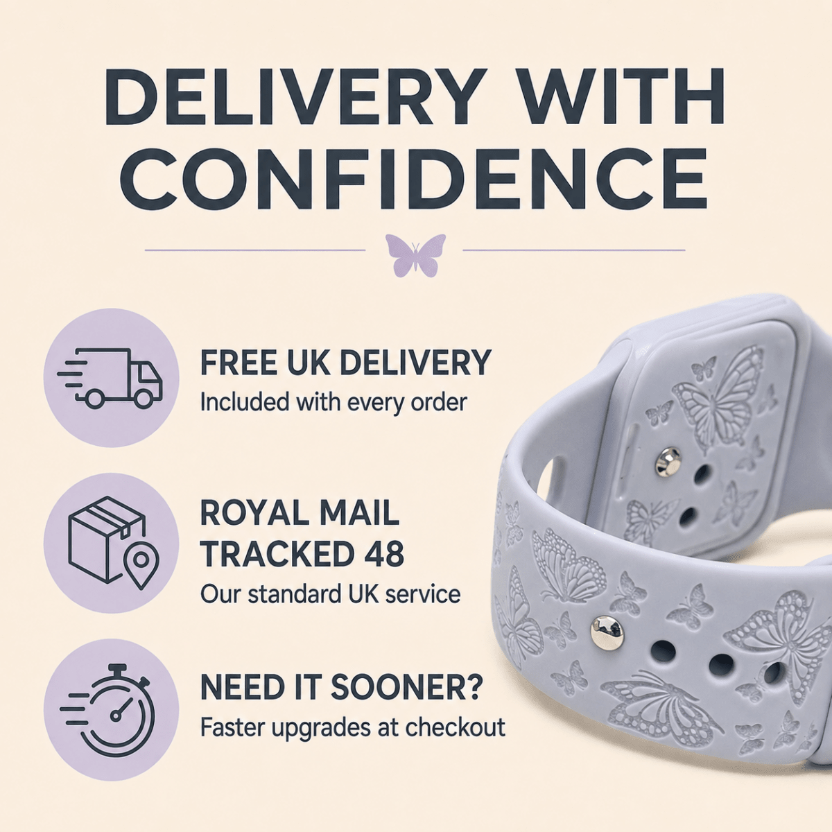 Butterflies Apple Watch Strap, Engraved Silicone Watch Band Parent Listing Accessories Gifts UK