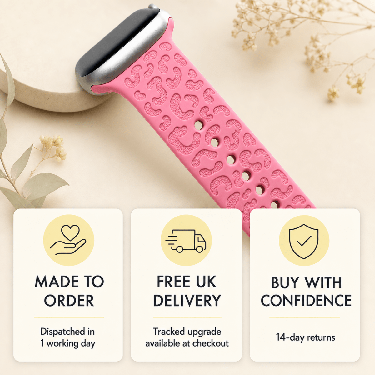 Leopard Apple Watch Strap, Engraved Silicone Watch Band Parent Listing Accessories Gifts UK