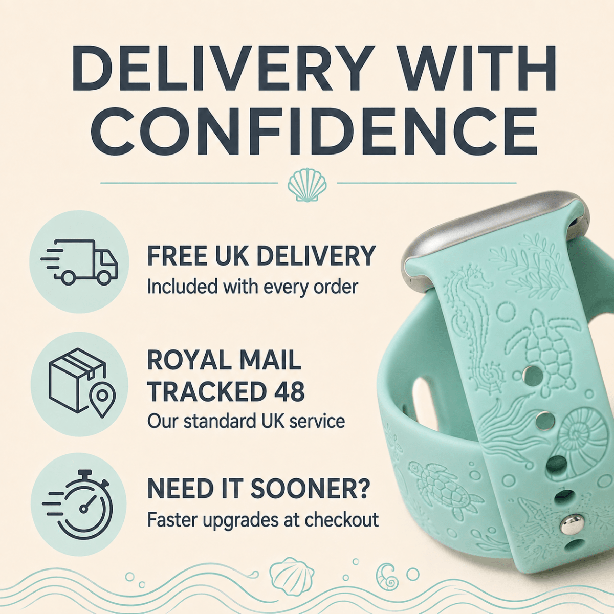 Sea Life Apple Watch Strap, Engraved Silicone Watch Band - Accessories Gifts UK