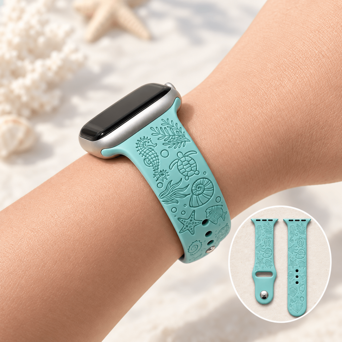 Sea Life Apple Watch Strap, Engraved Silicone Watch Band - Accessories Gifts UK