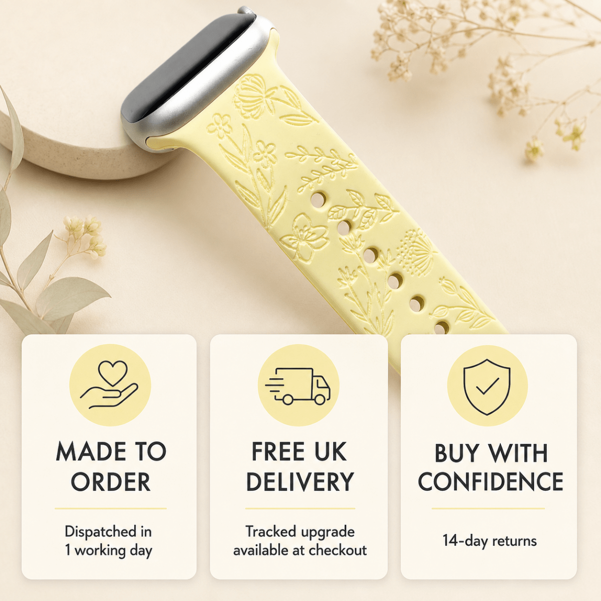Butterflies & Roses Apple Watch Strap, Engraved Silicone Watch Band Parent Listing Accessories Gifts UK