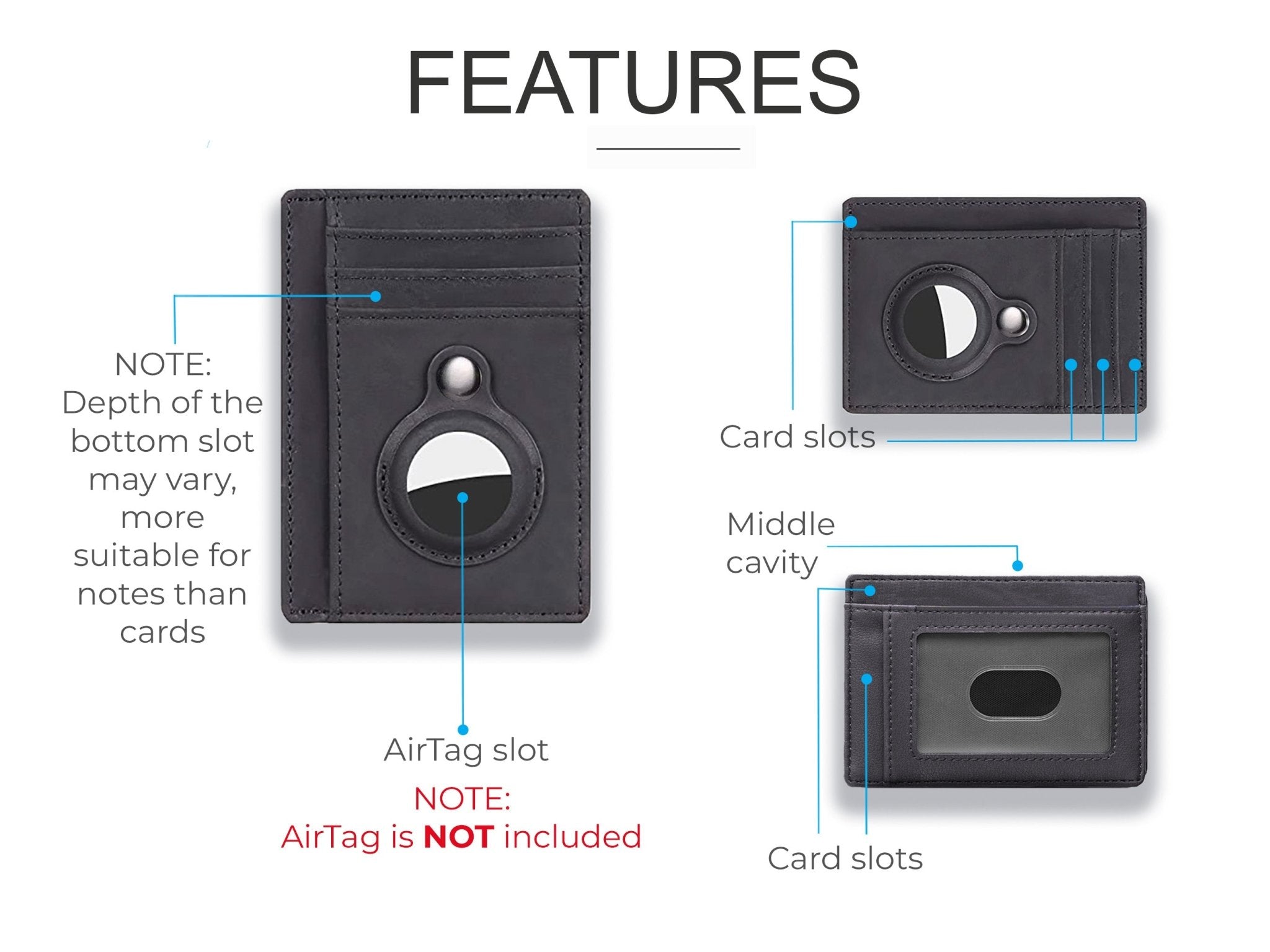 AirTag Minimalist Wallet | Slim Wallet | Genuine Leather Wallet | RFID Wallet | Leather Card Holder | Black Wallets   Accessories Gifts UK